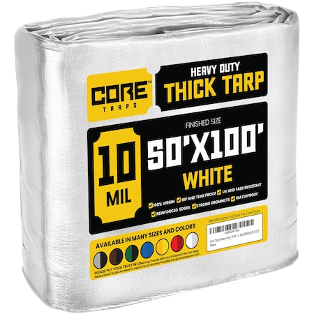 Core Tarps Heavy Duty Tarp, 100 ft L x 0.5 mm H x 50 ft W, 10 Mil, White, Polyethylene CT-604-50X100